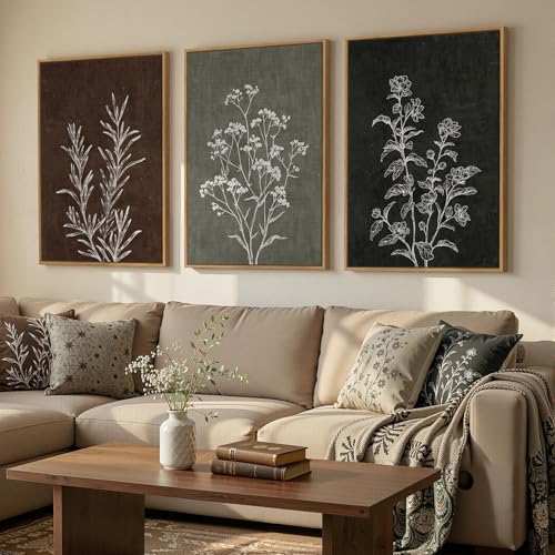 Framed Boho Botanical Wall Art for Living Room, 3 Piece Rustic Floral Canvas Painting Prints, Vintage Framhouse Minimalist Neutral Artwork For Bedroom Hallway Dining Room Wall Decor, 24 x 36 Inch - color: black and green, size: 24W" x 36H"x3Pcs