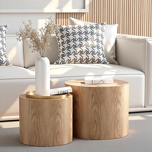 Nesting Coffee Table Set of 2, Modern Round Coffee Table with Non-Slip Feet, Oak Wooden Circle Accent Tables for Small Spaces Living Room Bedroom Balcony Office Drum Side Table - color: Oak