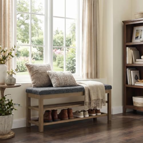 VKNOW 44.3” Entryway Bench, 2-Tier Upholstered Shoe Storage Bench, Black | Shoe Bench with Rubberwood Legs, Shoe Rack for Entryway, Hallway, End of Bed, Living Room - color: Black1