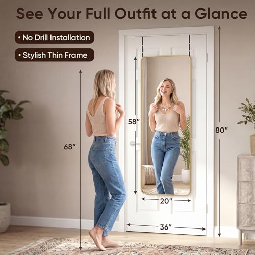 Antok 58"x20" Over the Door Mirror, Full Length Mirror Door Hanging with Aluminum Metal Frame, Rectangle Wall Mounted Body Mirrors for Bedroom, Dressing & Makeup Mirrors for Daily Outfit Check, Gold - color: Gold, size: 58"L x 20"W