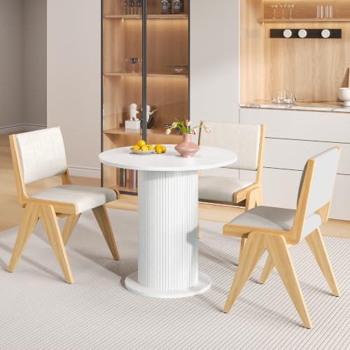 31.5 inch Round Dining Table for 2, Modern Farmhouse Kitchen Table | Small Circle Dining Tables with Wood Strip Base for Kitchen Living Room - color: White