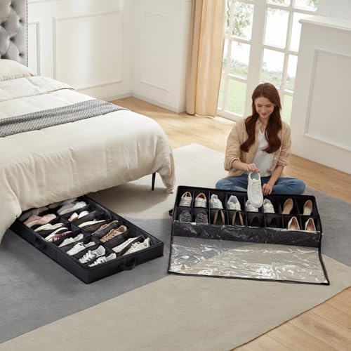 Lifewit Under Bed Shoe Storage Organizer 2 Pack(16 Shoes Cells), 4.3 Inches Profile Fabric Shoes Container Box with Clear Cover, Foldable Storage Bag with 2 Handles, Fits 16 to 32 Pairs - style: 16 Shoes Cells