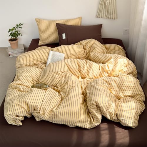 Striped Duvet Cover Queen Yellow Bedding Set with Brown Stripes | Soft Lightweight Microfiber Duvet Cover Set 3 Pieces Striped Quilt Cover with 2 Pillowcases, Zip Closure, No Insert - color: Brown Striped, size: Queen (1 Duvet Cover + 2 Pillowcases)