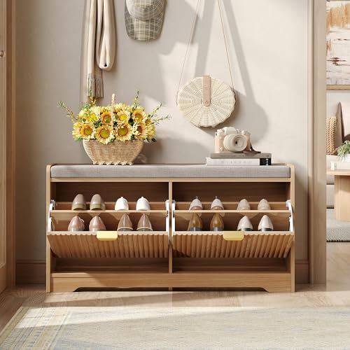 Maupvit 39.4" Fluted Shoe Bench with Storage, Narrow Entryway Bench,Natural | with Removable Seat Cushion & 2 Flip-Drawers, Shoe Cabinet Bench, Boho Hidden Shoe Rack for Entrance, Hallway, Living Room - color: Natural