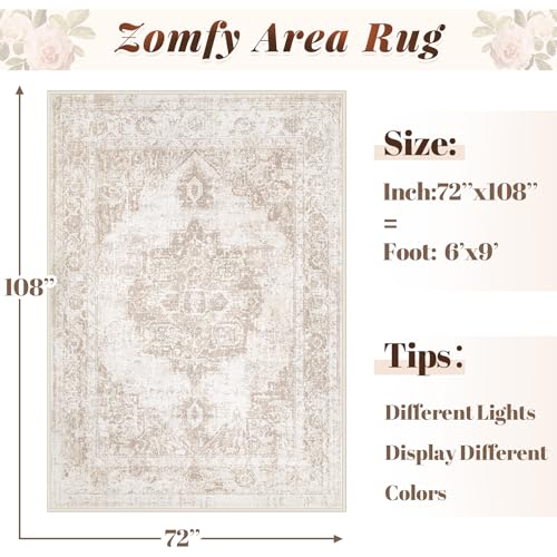 Area Rug 6x9 Vintage Rug: Washable Indoor Medallion Rugs Low Pile Distressed Floor Carpet Retro Accent Rug for Living Room Bedroom Kitchen Dining Table Home Office(Beige, 6'x9') - color: Beige, size: 6' x 9' (Rectangular)