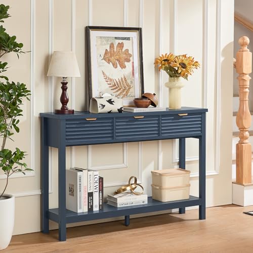 LEYAOYAO 47.2" Fluted Console Table with 3 Drawers, Blue Entryway Table | Modern Wood 2 Tier Entry Table, with Open Storage Shelf, Farmhouse Sofa Table Behind Couch, for Living Room, Hallway, Foyer - color: Dark Navy Blue