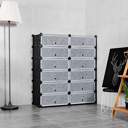 HAPPYGRILL Shoe Rack Organizer, 12-Cube Modular Plastic Shoes Storage Cabinet with 6-Tier Shoe Shelves & Transparent Doors, DIY Design, Freestanding Shoe Cabinet for 24 Pairs Shoes (Black) - color: Black
