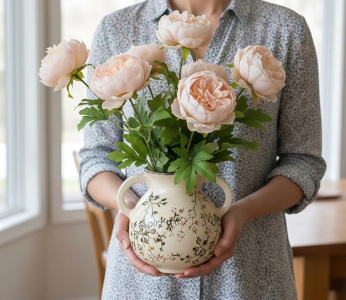 LIFFY Vintage Pastoral Vase with Handles, Retro Ceramic Flower Vase, Green and Beige Rustic Farmhouse Vases Chinoiserie Floral Large Vase for Home Decor, Living Room, Kitchen, Bedroom 6.3 Inch - color: Cream Pastoral