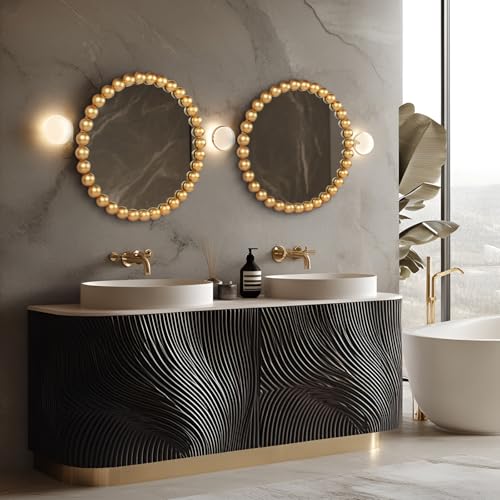 24 Inch Round Gold Wall Mirror Decorative Wall Mounted Mirror with Wood Beads – Decorative Circle Beaded Mirror for Bathroom, Living Room, Entryway, Bedroom, and Modern Farmhouse Wall Decor (Gold) - color: Gold