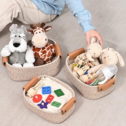 Storage Baskets for Organizing, Small Woven Basket Set of 6-4 Shelf Basket with Leather Handle and 2 Small Gift Baskets, Cotton Rope Basket for Shelves, Nursery, Dog Toy, Bathroom - color: Brown