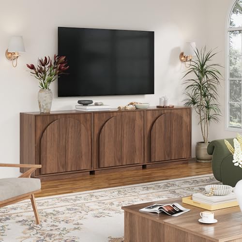 win2win 31.5" Small Buffet Cabinet with Storage, Arched Doors, Walnut, 1PCS | Modern Console Cabinet for Dining Living Room Kitchen Entryway, Modular Accent Cabinet, Credenza with Wood Grain, Fluted - color: Walnut