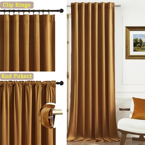Timeper Gold Brown Velvet Curtains 108 inches 2 Panels, Light Blocking Curtains for Bedroom Living Room Thermal Insulated Luxury Super Soft Window Drapes,Back Tab & Rod Pocket,W52 x L108 inches - color: Gold Brown, size: 52"W x 108"L (Pack of 2)