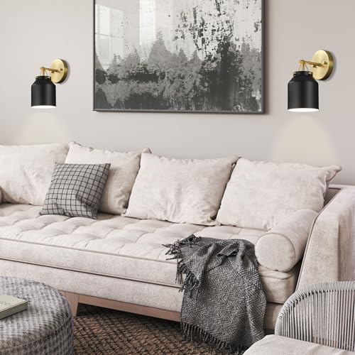 Globe Electric Plug-in or Hardwire Wall Sconce, Matte Black Shade, Matte Brass Accents, Braided Cord, 65000102 - color: Black, Sacha