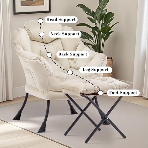 Lazy Chair with Ottoman, Comfy Reading Chair, Beige | Cushioned Seat with Foldable Ottoman and Side Pocket, Lounge Chair for Bedroom, Living Room, Dorm and Small Spaces - color: Cream