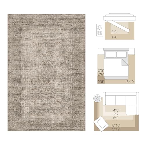 FMFUNCTEX 6x9 Washable Taupe Vintage Distressed Area Rug for Living Room | Non Slip Low Pile Soft Indoor Throw Carpet Distressed Farmhouse Traditional Retro Floral Pattern Dining Room Bedroom Nursery - color: Taupe, size: 6' x 9' (Rectangular)