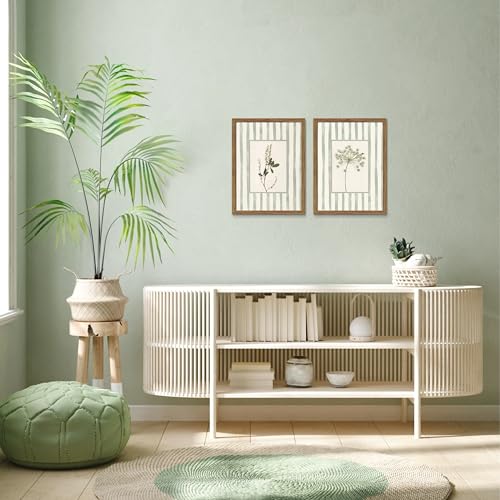 Sage Green Wildflower Wall Art Set of 2, Cottagecore Floral Botanical Canvas Wall Decor, Vintage Rustic Striped Flower Posters Prints Pictures for Living Room Bedroom Bathroom 12x16 Inch Framed - color: Blue Striped Flowers, size: 16"L x 12"W