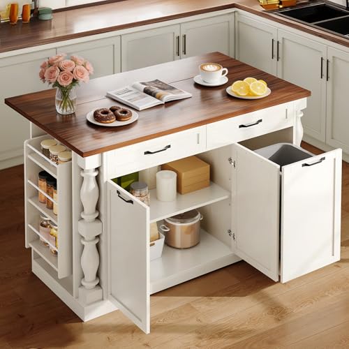 Kitchen Island with Drop Leaf, 47.6" Kitchen Island with Storage | with Power Outlet & Trash Bin Rolling Kitchen Cart with Spice Rack Island Table for Kitchen Breakfast Home Bar, Antique White