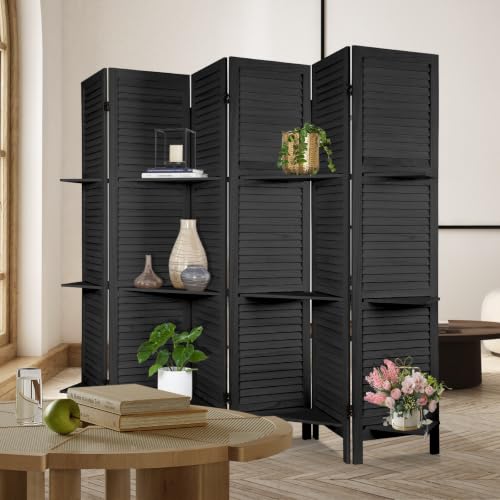 6 Panel Room Divider with Shelves | Freestanding Wooden Louvered Privacy Screen, Built‑in Display Shelves, Foldable Hinges, Black - color: Black-6 Panel, size: 6 Panel