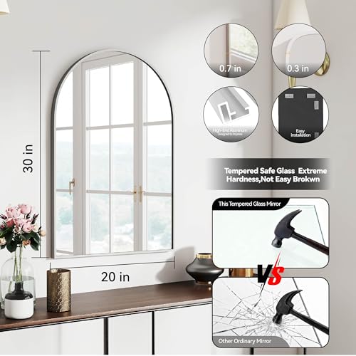 30x20 Bathroom Mirror Arch Wall Mounted/Against Aluminum Frame Silver | HD Crystal Clear No distortion Tempered Glass,Make-Up Vanity Mirrors for Bedroom,Entryway,Bathroom,Living Room - color: Silver, size: 30"L x 20"W