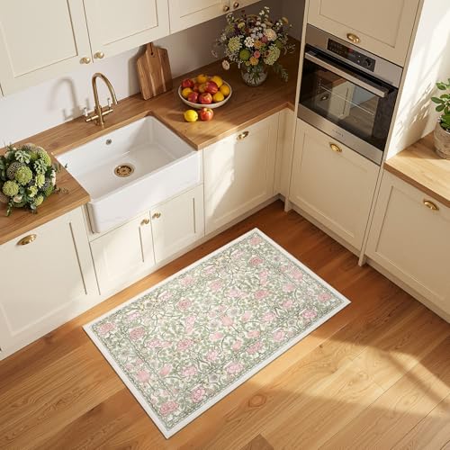 GarveeHome Pink Green Beige Floral Washable 2x3 Rug for Entryway Door Mat | Kitchen Bathroom Girls Bedroom Dorm Rug Vintage Boho Small Rugs Low-Pile Non-Slip Stain Resistant TPE Backing - color: A Beige / Pink, size: 2' x 3' (Rectangular)