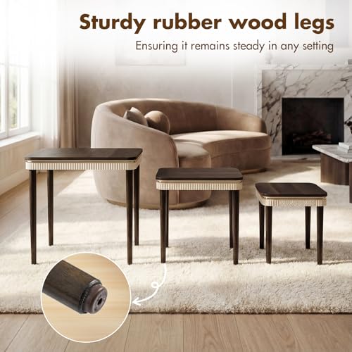 Hyfirm Walnut Side Table End Table Nesting Tables Set of 3, Retro Nesting Tables with Veneered Top & Gold Trim, Mid Century Modern Nesting Wood Coffee Tables for Living Room/Bedroom/Apartment - color: Walnut Top+ivory Apron