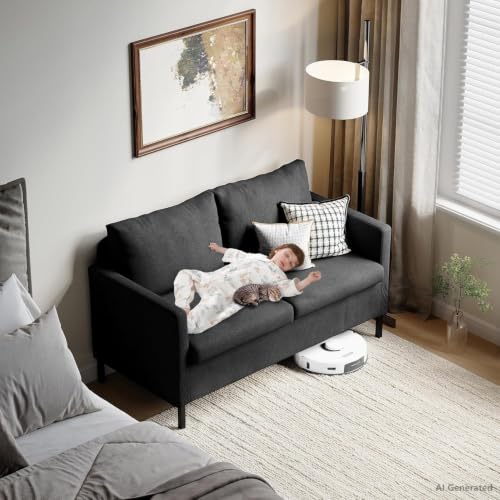 TYBOATLE Dark Grey Linen Small Couch Loveseat, 2-Seat Sofa for Living Room | Linen Fabric Upholstery, Love Seat, Mini Couch, Modern Design, Bedroom, Apartment, Dorm, Office, Small Spaces - color: Dark Grey