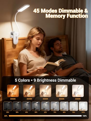 Clip on Light,45 Lighting Modes Rechargeable Desk Lamp with Clamp | 4000mAh Battery Operated Lamp,450 lm 48 LED Desk Light,Wireless & Cordless Reading Light for Bed/Bedside Table/Headboard/Dorm - color: White