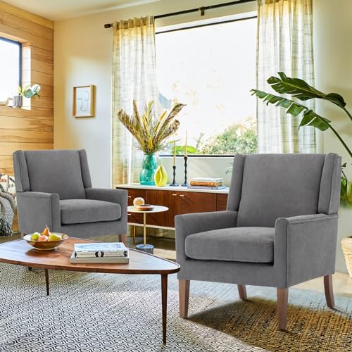 COLAMY Modern Wingback Living Room Chair Set of 2, Upholstered Fabric Accent Armchair, Single Sofa Chair with Lounge Seat and Wood Legs for Bedroom/Office/Reading Spaces, Gery - color: Grey, size: Set of 2