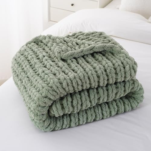 Sage Green Chunky Knit Throw Blanket, Knit Throw Blanket for Couch 50"x60" | Handmade Cable Knit Crochet Blanket, Cozy Knot Green Knitted Throw Blankets, Light Green Chenille Blanket for Bed Sofa Home - color: Light Green
