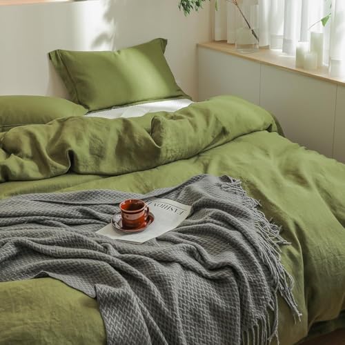 Simple&Opulence 100% Linen Duvet Cover Set with Embroidery Border Washed - 3 Pieces (1 Duvet Cover & 2 Pillow Shams) with Button Closure Soft Breathable Farmhouse - Olive, Queen Size - color: Olive, size: Queen