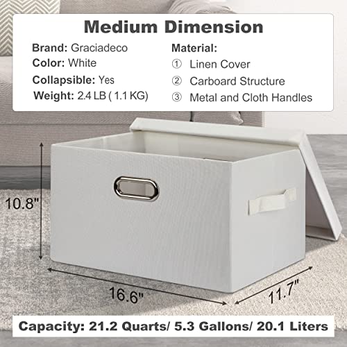 Graciadeco Medium 15" 21 Quart Collapsible Stackable Storage Bins with Lids, 5 Packs White Foldable Fabric Closet Storage Boxes with Lids, Lidded Heavy-duty Linen Baskets(15x11x8) | 21 Quart 5 Pack White Collapsible Stackable Linen Fabric 4 Handles Bedroo