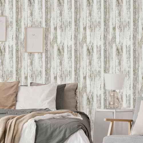 WENMER White and Brown Rustic Wood Wallpaper 17.3"x118" (14.1 sq.ft.) Distressed Shiplap Contact Paper Peel and Stick Waterproof Self Adhesive for Cabinets Countertops Vinyl Roll - size: 17.3" x 118"