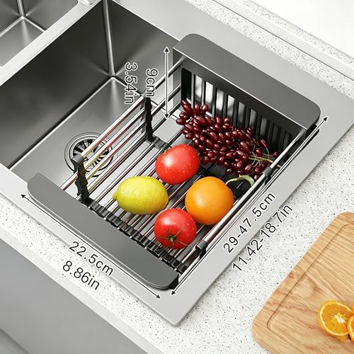 Extend Kitchen Sink Drain Basket, Adjustable Length 11.42-18.7in, Stainless Steel Dish Drying Rack for Kitchen, Retractable Over The Sink Drainer for Dishes, Fruits, Vegetables (Black) - color: Black