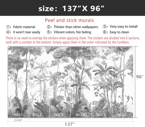 YIHWM-Peel and Stick Tropical Rainforest Wallpaper Grey Jungle Plants Mural | Tear-resistant,with a substantial feel;Will not be damaged during repositioning.Bathroom,Bedroom wallpaper.L-137"x96" - color: Yh14, size: 137"x96"