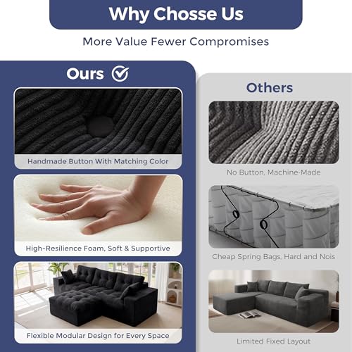 MAXYOYO Boneless Couch, 104-Inch L-Shaped Cloud Couch with Ottoman | Black Upholstered Sofa Features Layered Cushions and Flexible Modules with No Assembly, Ideal for Modern Living Rooms. - color: Black, size: 104" L Shape