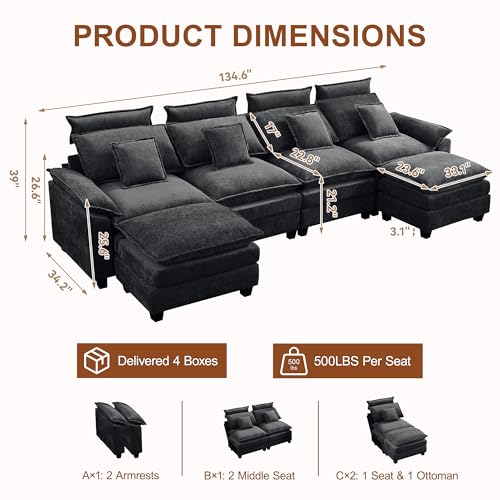 134'' U Shaped Sectional Couch, Cloud Deep Seat Sofa Couch with 2 Ottoman, Detachable Headrest, Oversized Modular 5 Seater Sofas for Living Room, Dark Grey - color: Dark Grey, size: U Shaped Couch