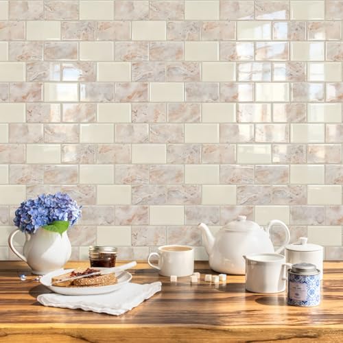 STICKGOO Subway Tile Peel and Stick Backsplash, Thicker Design 12" x 12" Stick on Backsplash Tiles for Kitchen, Bathroom, Wall Tile (10 Sheets, Brown Marble Look) - color: Brown