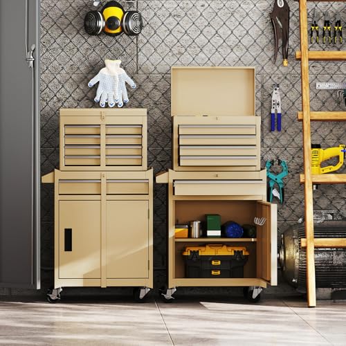 Goplus Tool Chest, 5 Drawers Rolling Tool Cabinet with Detachable Top Toolbox, Universal Lockable Wheels, Lock Bar, Protective Liner & Tool Rack, Metal Tool Storage Cart, Tool Box for Garage Workshop - color: Sand Yellow, style: 5-Drawers