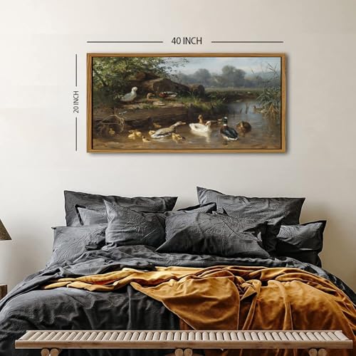 Vintage Farmhouse Wall Art Country Pond Landscape Mallard Duck Framed Wall Decor for Living Room Bedroom Rustic Animal Canvas Picture Cottagecore Nature Wildlife Poster Artwork Home Decorations 20x40 - color: Duck, size: 20"L x 40"W