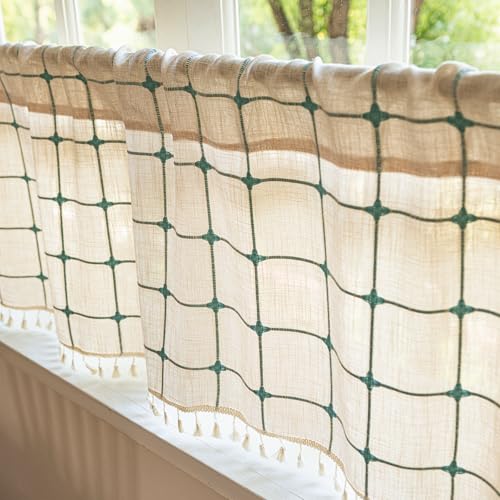 Deeprove Boho Curtain Valance 18 Inches Length Bohemian Lattice Gingham Textured Embroidery Plaids, Vintage Chic Tassels Casual Easter Decor Drapes Rod Pocket, 1 Panel W52 x L18 Beige Turquoise - color: Beige + Turquoise, size: 52"W x 18"L (Pack of 1)
