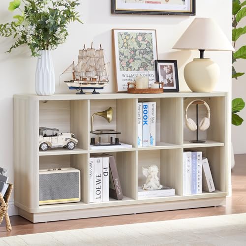 Joaxswe 8 Cube Storage Bookcase, 52" Long Horizontal Book Shelf w/Curved Edge, Wood Low 2-Tier Cubby Console Bookshelf with Base, Modern Floor Standing TV Stand for Living Room, Gray-White Cream Oak - color: Gray-white Cream Oak, size: 8 Cube (11.81"D x 5