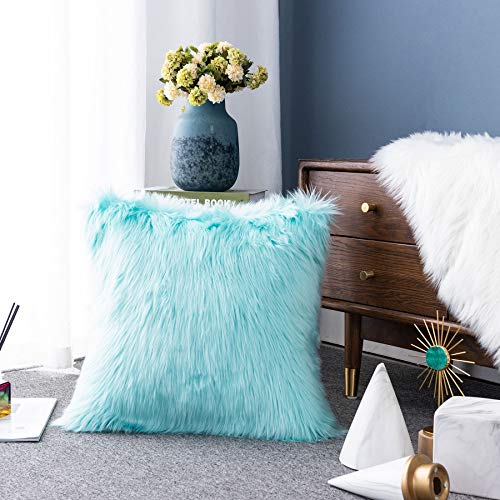 LIGICKY Decorative Turquoise Fluffy Pillows Luxury Series Teal Faux Fur Throw Pillow Cover Decorative Soft Blue Fuzzy Plush Square Pillow Case Cushion Cover for Couch Sofa Bed, 16 x 16 inch - color: Light Turquoise, size: 16" x 16" (Pack of 1)