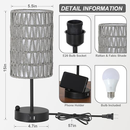 Touch Bedside Lamp For Bedroom with Bulb, Gray Boho Small Table Lamp For Living Room With Rattan & Linen Shade, 3 Way Dimmable Table Lamp For Nightstand With USB Charging Port & Phone Stand For Office - color: Gray