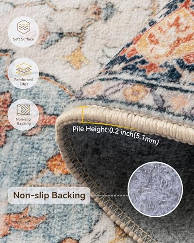 RELEANY Washable Vacuum-Friendly Area Rugs 5'x7' Beige/Blue/Orange | Low Pile Stain-Resistant, Soft Non-Slip, Floral Vintage Distress Print Pattern Medallion, for Living Room Bedroom Hallway - color: Beige/Blue/Orange, size: 5' x 7' (Rectangular)