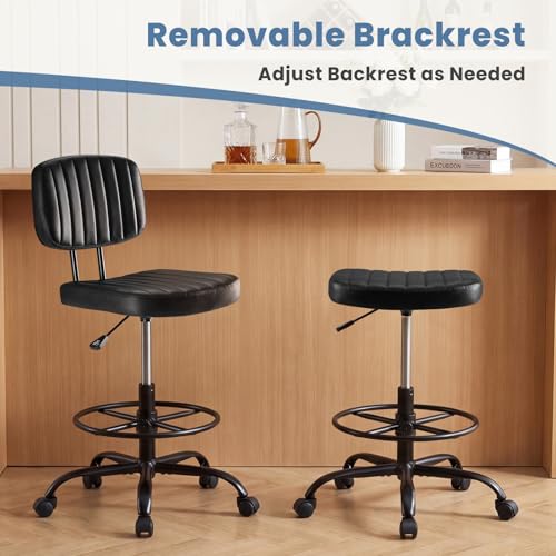 DUMOS Armless Drafting Chair, Standing Desk Chair, Rolling Stool | Ergonomic Low Back Office Seat, Height Adjustable with Footrest Ring, PU Leather, Swivel Wheels, Studio Lab Counter, Black - color: Black