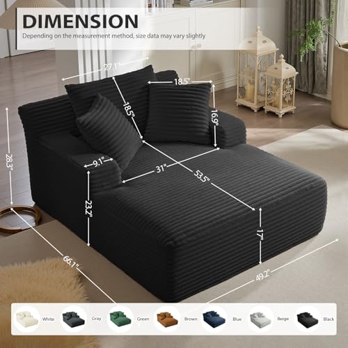 67 Inch Oversized Chaise Lounge Chair Indoor, Corduroy Upholstered Boneless Sofa Bed, Deep Seat Sleeper Couch Reading Chairs, Cloud Sofas Couches for Living Room, No Assembly Required (Black) - color: Black, size: 50"W x 67"D