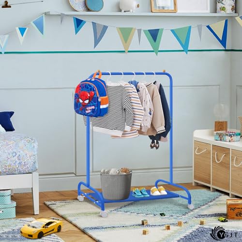 Kids Clothing Rack, Baby Clothes Rack for Hanging Clothes with Wheels and Bottom Storage Shelf, Small Toddler Garment Rack Kids Dress Up Storage Rack for Coats, Skirts, Dance Costume(Blue) - color: Blue