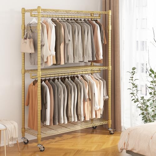 BATHWA Heavy Duty Rolling Garment Racks, 25mm Metal Pipe, 47.3"W x 17.7"D x 80.7"H Large Tall Portable Wardrobe Closet with 2 Rods, Wide Adjustable Shelves and Hangers, Clothing Hanging Storage, Gold - color: Gold, size: Upgraded & Large