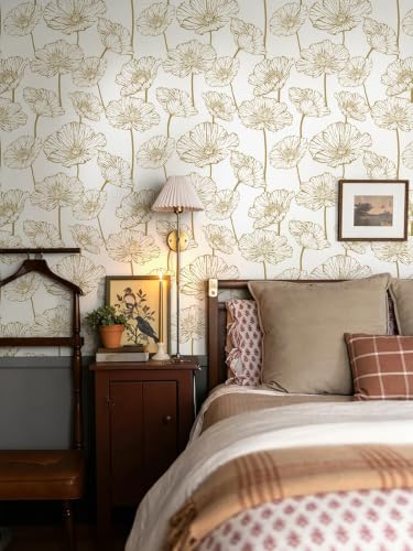 Floral Peel and Stick Wallpaper Self Adhesive Contact Paper | Gold and Beige Wallpaper Removable Decorative Wallpapers for Bedroom Bathroom Decor17.3inx393.7in - color: Gold and Beige, size: 17.3" x 393.7"