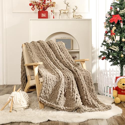 WESHIONGOO Chunky Knit Blanket Throw for Couch Bed 51"×63" Brown | 100% Handmade Knitted Throw blanket Fluffy Soft Blanket With Jumbo Chenille Yarn Thick - color: Brown, size: 51"x63"(Large Size Throw)